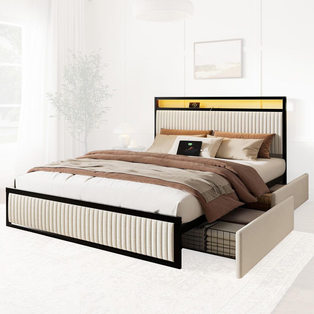 HOMLUX Full 2-Drawer Storage Bed with LED Headboard and USB Ports in Beige, , large