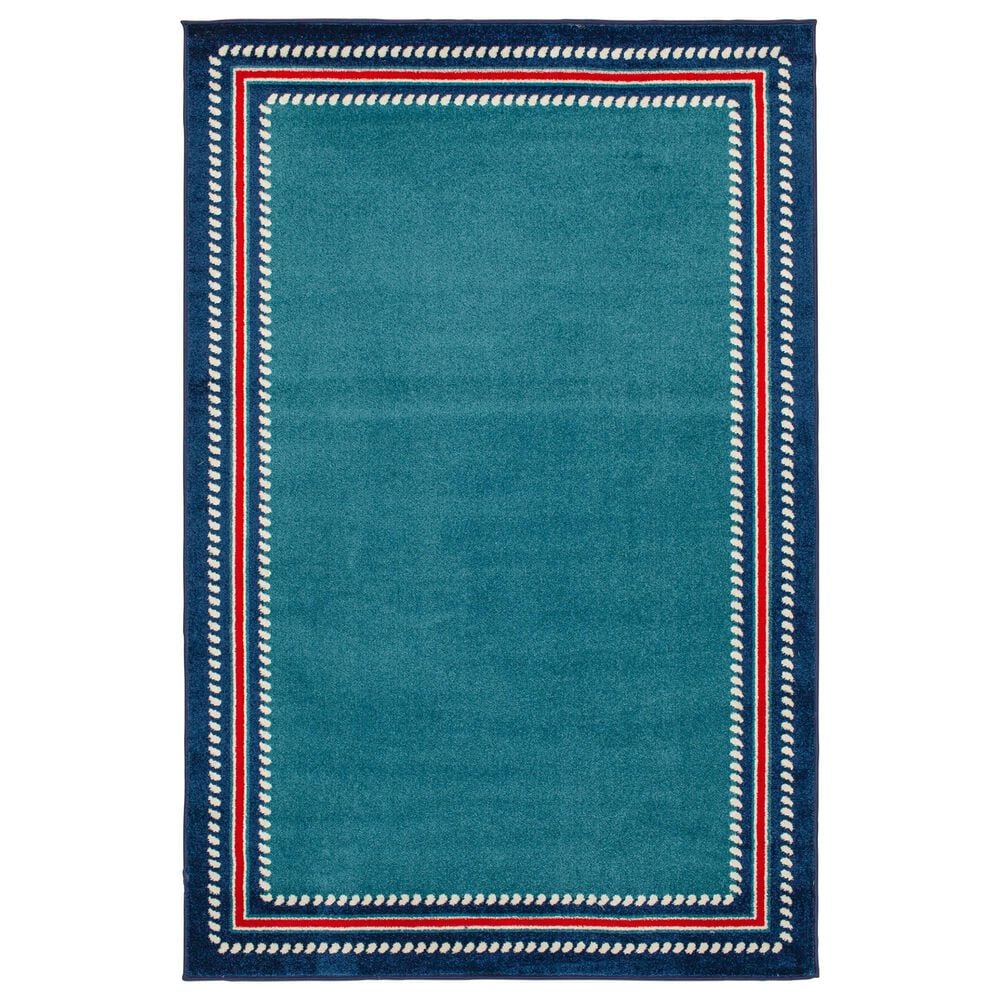 Central Oriental Terrace Tropic Nautical Border Rope 7"10" x 9"10" Turquoise and Sapphire Area Rug, , large