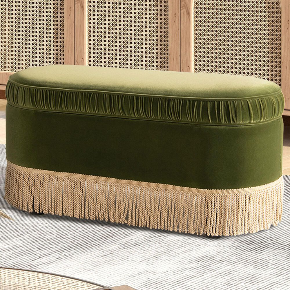 Jennifer Taylor Home Serena Storage Bench with Tufted Bullion Fringe in Olive Green, , large
