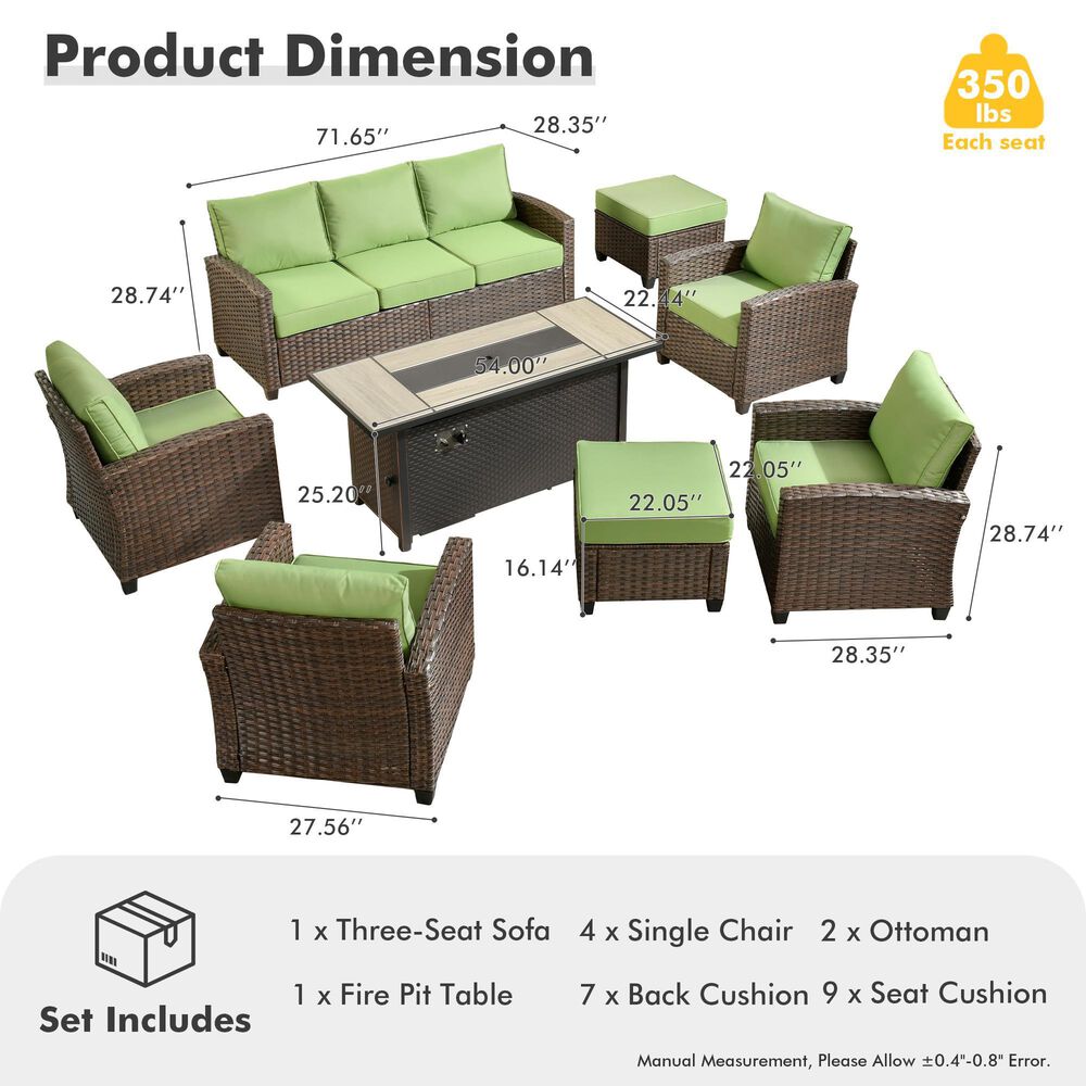 HOMLUX 8-Piece Patio Conversation Set with Fire Pit Table in Green, , large