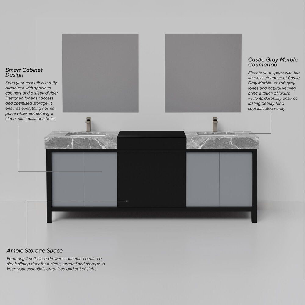 Lexora Home Zilara 84" Double Bathroom Vanity in Black and Grey with 11 cm Castle Grey Marble Top and Rectangular Sinks, , large