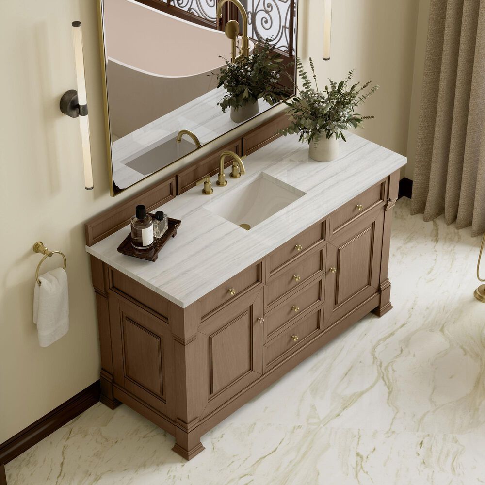 James Martin Vanities Brookfield 60&quot; Single Bathroom Vanity in Pecan with 3 cm Arctic Fall Solid Surface Top and Rectangular Sink, , large