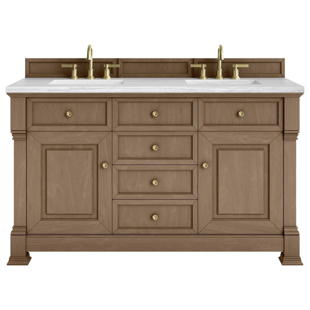 James Martin Vanities Brookfield 60&quot; Double Bathroom Vanity in Pecan with 3 cm Arctic Fall Solid Surface Top and Rectangular Sinks, , large