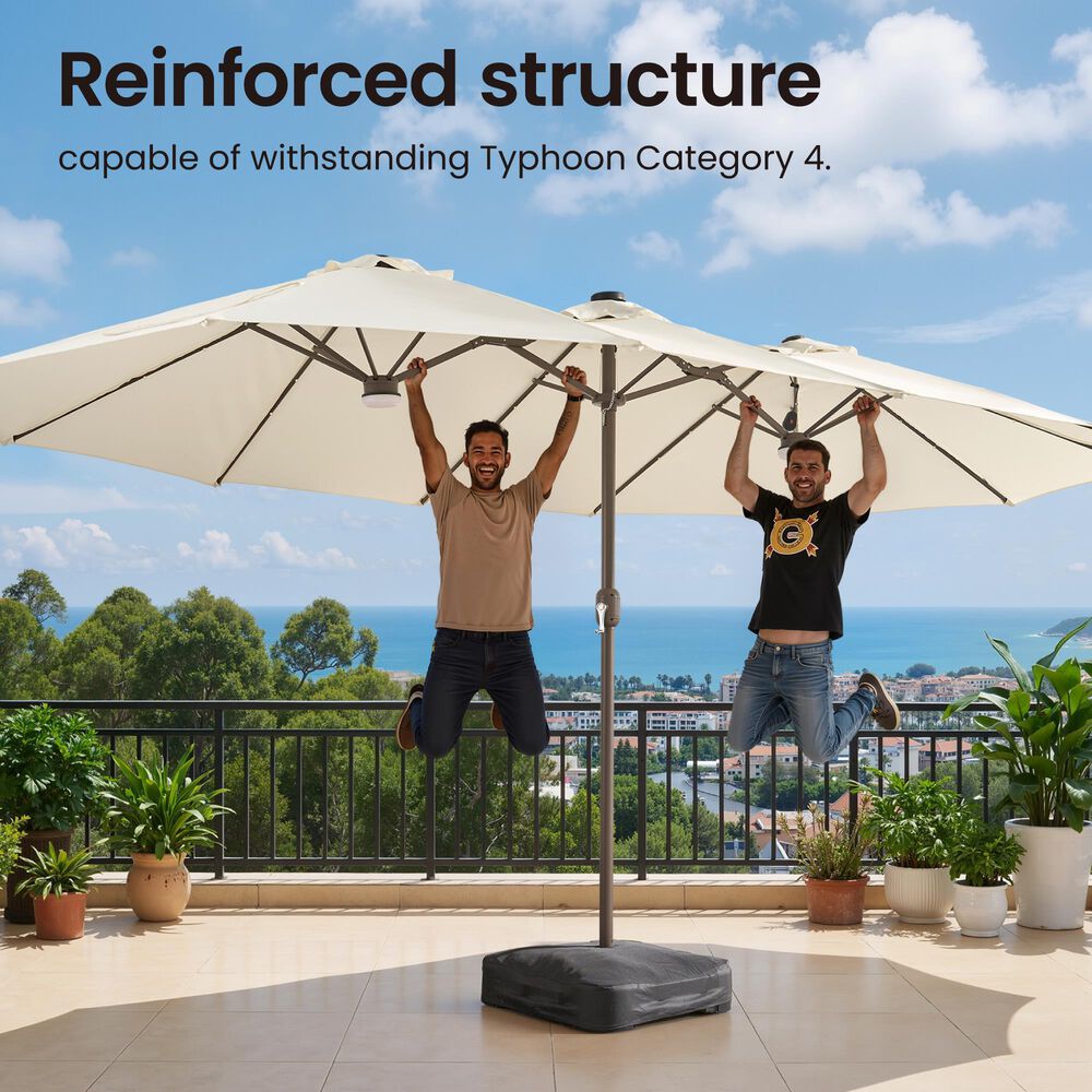 HOMLUX 15' Double-Sided Outdoor Market Umbrella with Sandbag Base and White LED Beads in White, , large