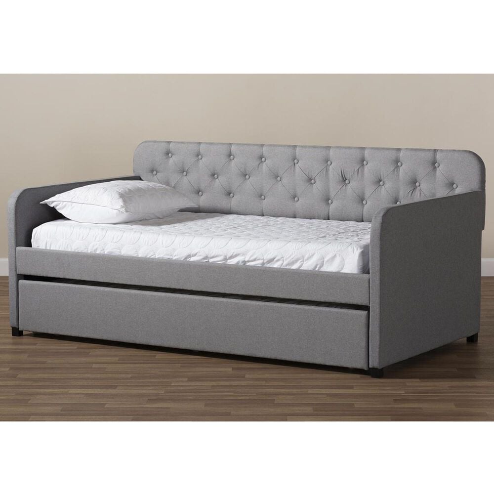 Baxton Studio Camelia Twin Sofa Daybed with Roll-Out Trundle Guest Bed in Light Grey, , large