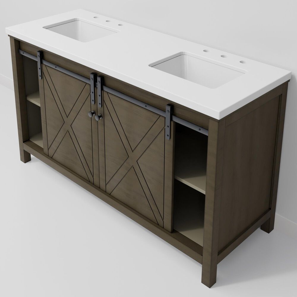 Lexora Home Marsyas 60" Double Bathroom Vanity in Rustic Brown with White Quartz Top and Rectangular Sinks, , large