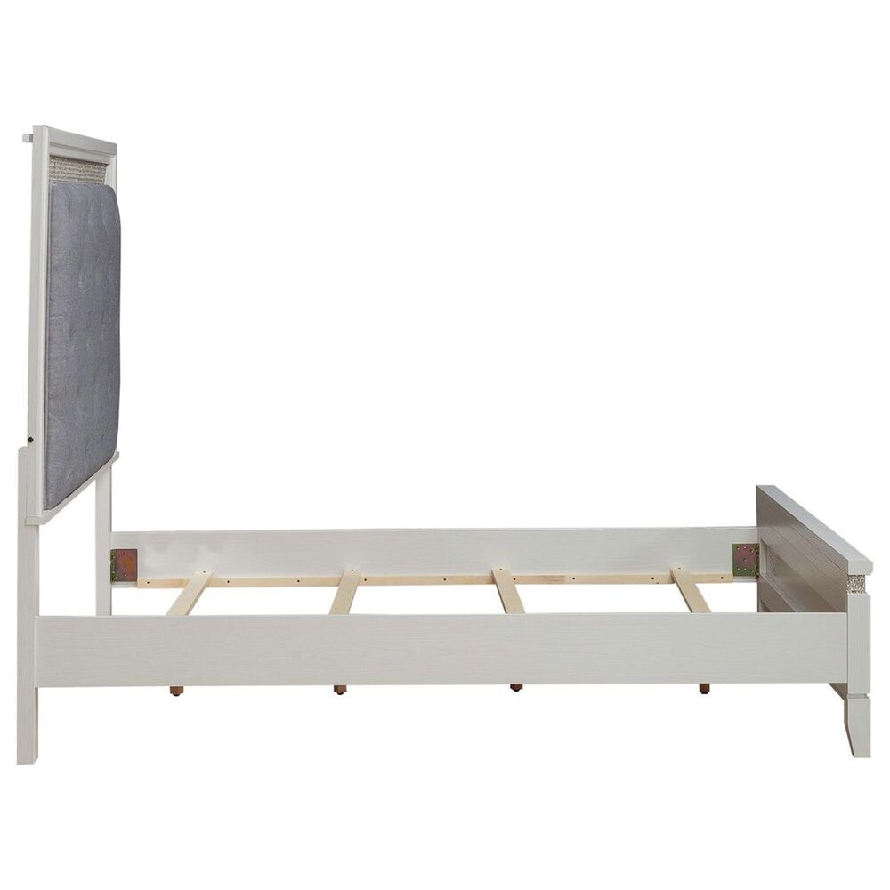 Belle Furnishings Reflections Queen Upholstered Bed with Two Nightstands in Pearl White and Rhinestone, , large