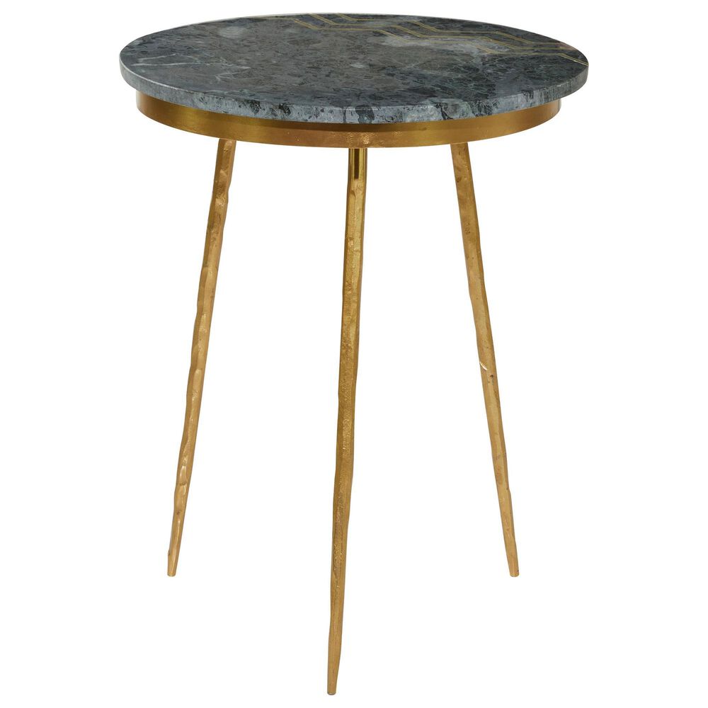 Maple and Jade Accent End Table with Metal Tripod Legs and Zig-Zag Detail in Matte Green and Satin Gold, , large