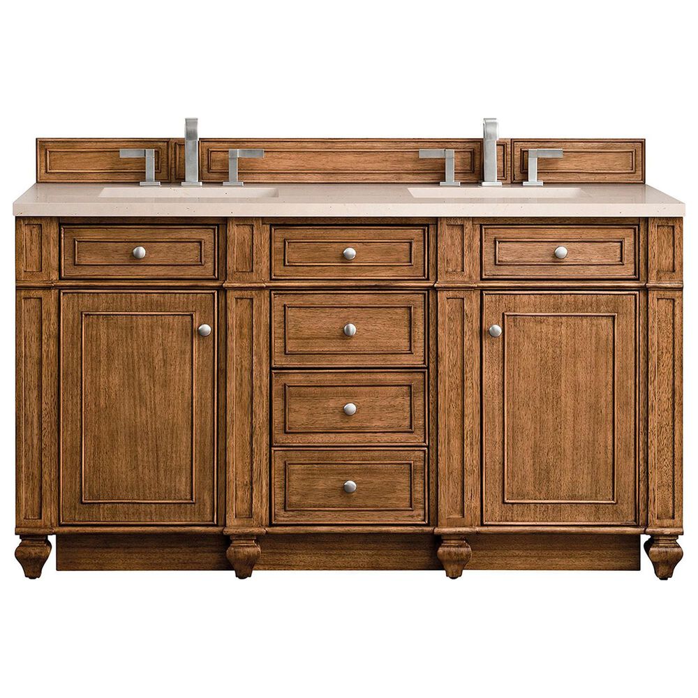 James Martin Vanities Bristol 60" Double Bathroom Vanity in Saddle Brown with 3 cm Eternal Marfil Quartz Top and Rectangular Sinks, , large