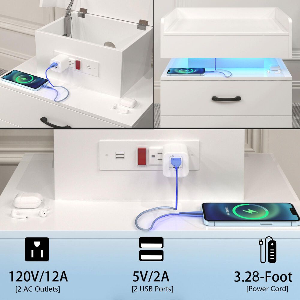 Hearth and Haven 2-Drawer Nightstand with Adjustable LED Strip Light in White, , large