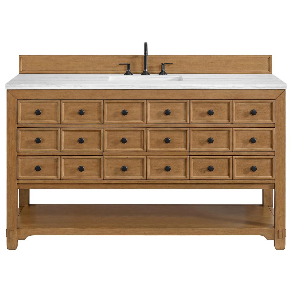 James Martin Vanities Malibu 60" Single Bathroom Vanity in Amber Birch with 3 cm Arctic Fall Solid Surface Top and Rectangular Sink, , large