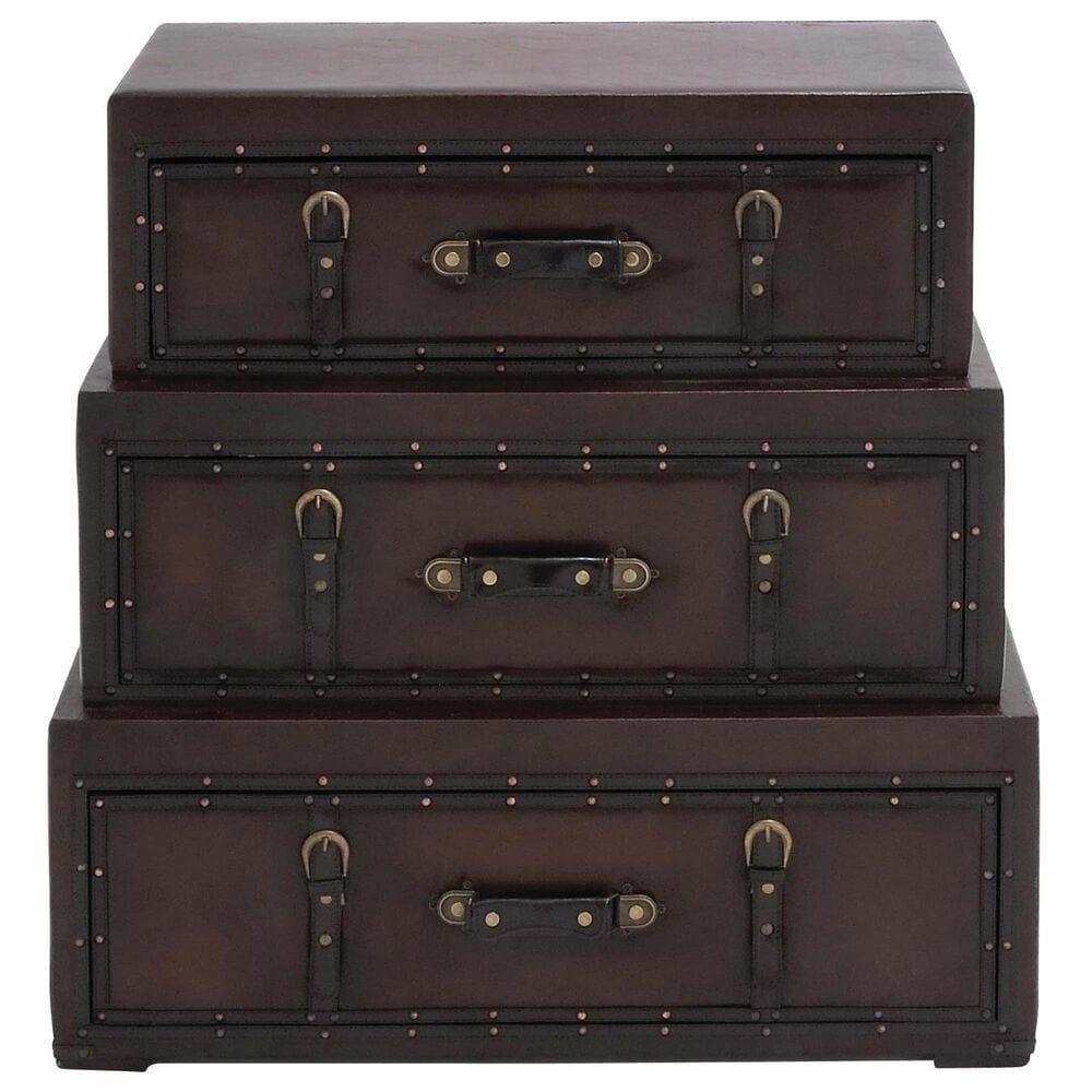 Maple and Jade 3-Drawer Vintage Faux Leather Room Chest with Buckles and Straps Details in Brown, , large