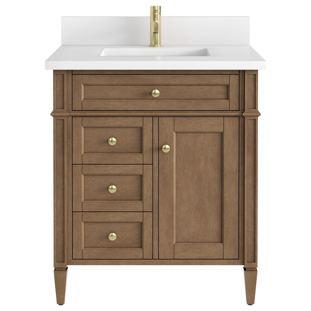 James Martin Brittany 30" Single Bathroom Vanity in Pecan with Single Hole 3 cm White Zeus Silestone Top and Rectangular Sink, , large