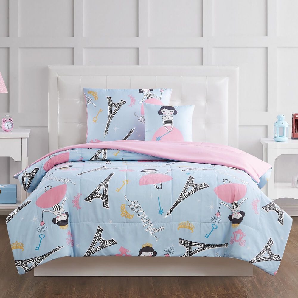 Pem America My World Paris Princess 4-Piece Full Comforter Set in Blue/Pink, , large