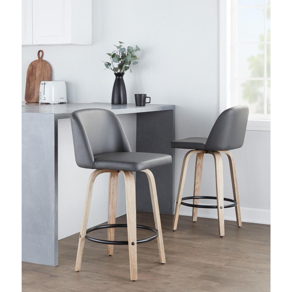 LumiSource Toriano Swivel Counter Stool with Grey Faux Leather Upholstery in Whitewashed and Black (Set of 2), , large