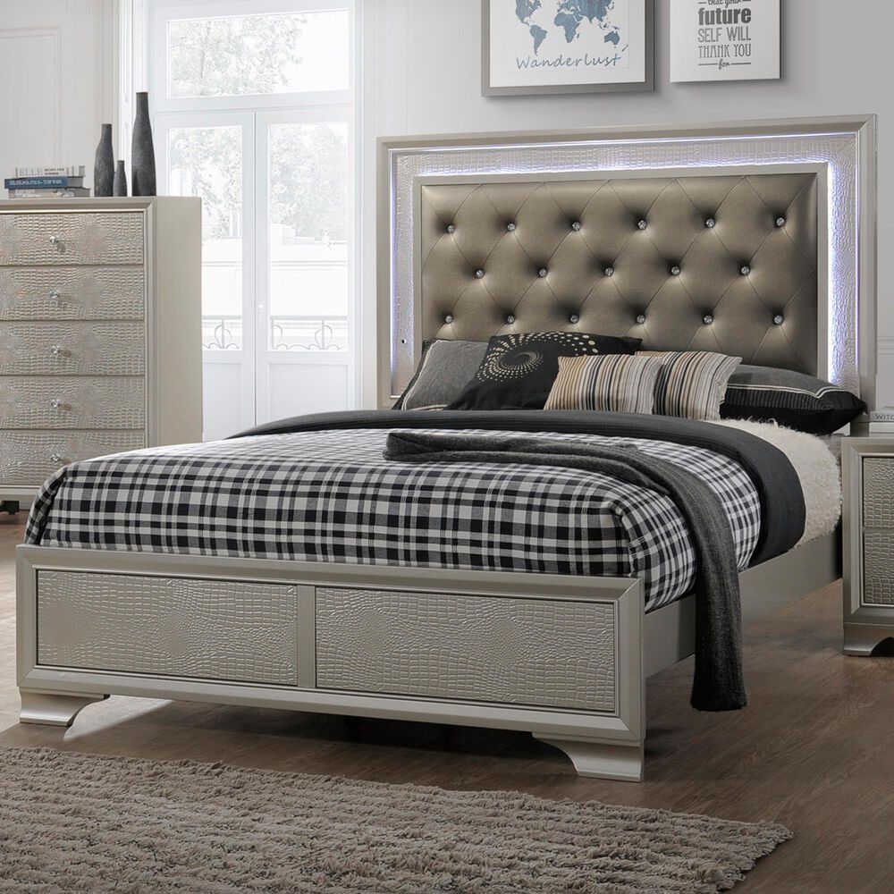 Crown Mark Lyssa Queen Panel Bed with LED in Champagne, , large