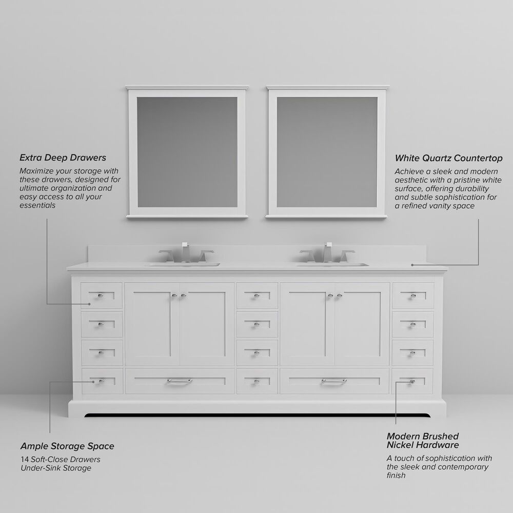 Lexora Home Dukes 84" Double Bathroom Vanity in White with 2 cm White Quartz Top and Rectangular Sinks, , large