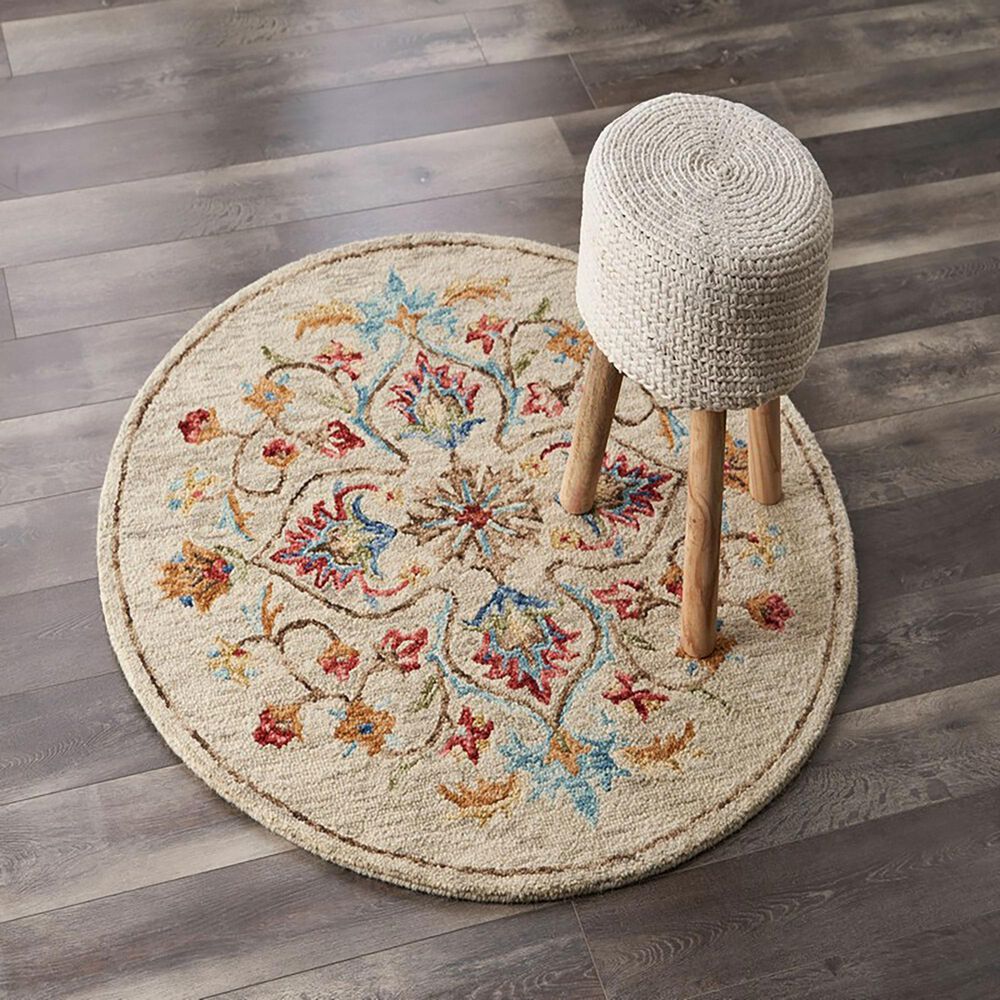 L&amp;R Resources Sinuous Floral Oasis 4&#39; Round Beige Area Rug, , large
