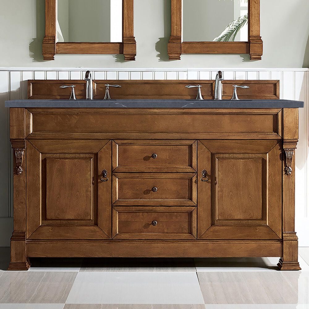 James Martin Vanities Brookfield 60&quot; Double Bathroom Vanity in Country Oak with 3 cm Charcoal Soapstone Quartz Top and Rectangle Sinks, , large