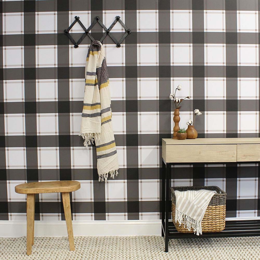 Tempaper Plaid Black & Ivory Peel and Stick Wallpaper, , large