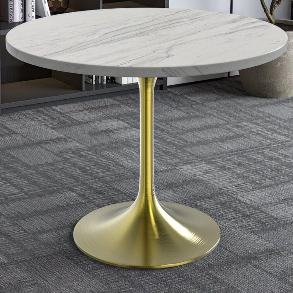 Leisuremod LeisureMod Verve Collection 36 Round Dining Table, Brushed Gold Base with Laminated White Marbleized Top, , large