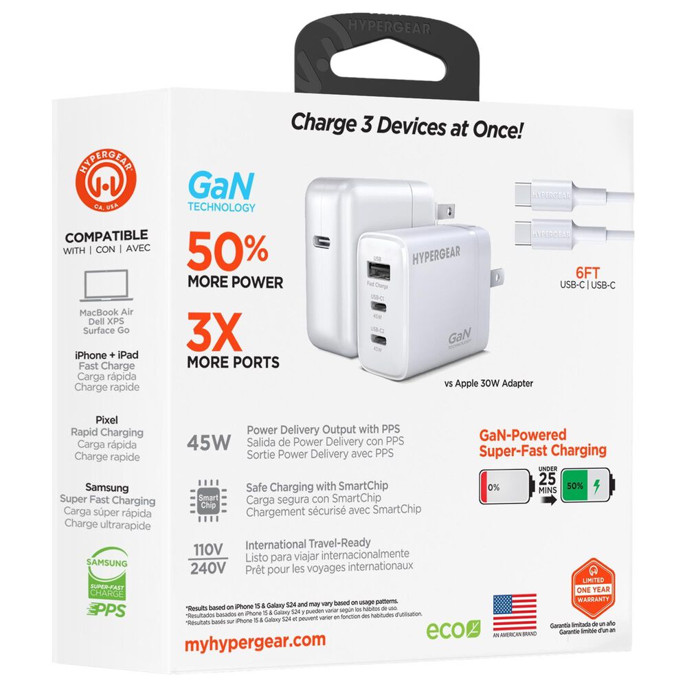 Hypercel SpeedBoost 45W PD Wall Charger with 6ft USB-C Cable in White, , large