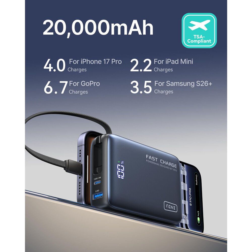 INIU Pocket Power 20000mAh Fast Charging Power Bank in Black, , large