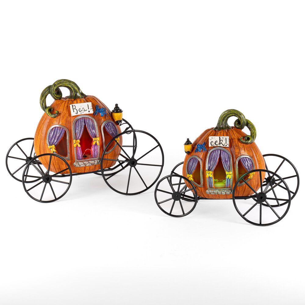 The Gerson Company 2-Piece B/O Lighted Resin and Metal Halloween Pumpkin Carriage Set in Assort, , large