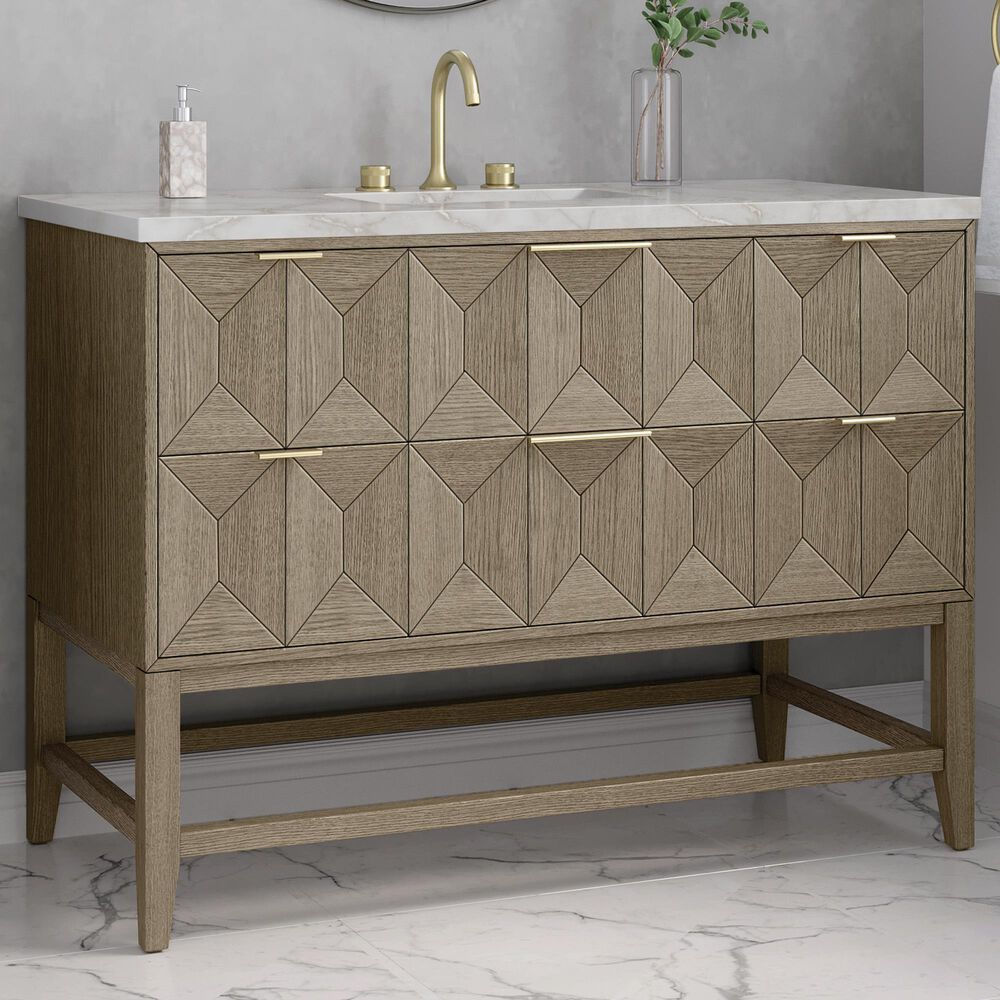 James Martin Emmeline 48&quot; Single Bathroom Vanity in Pebble Oak with 3 cm Parisien Bleu Quartz Top, Rectangle Sink and FreePower Wireless Charger, , large