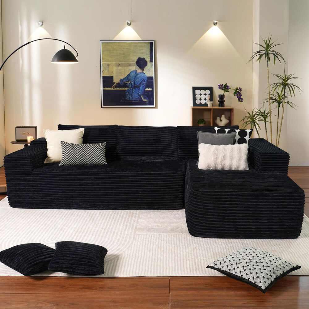 HOMLUX 104" Cloud Sectional Couch Upholstered Modular Sofa with Right L-Shape Chaise, Corduroy Fabric in Black, , large