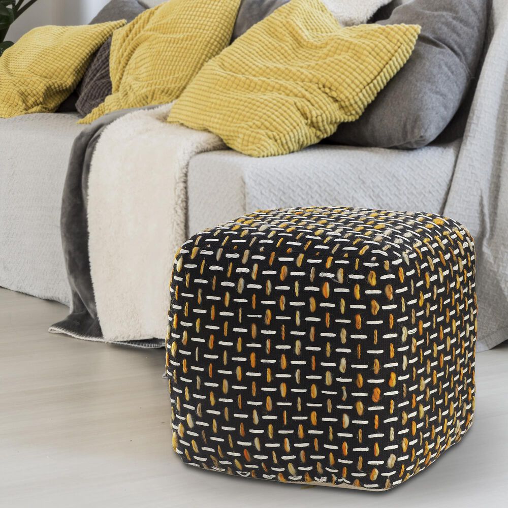 LR Home 16" Square Pouf in Black and Gold, , large