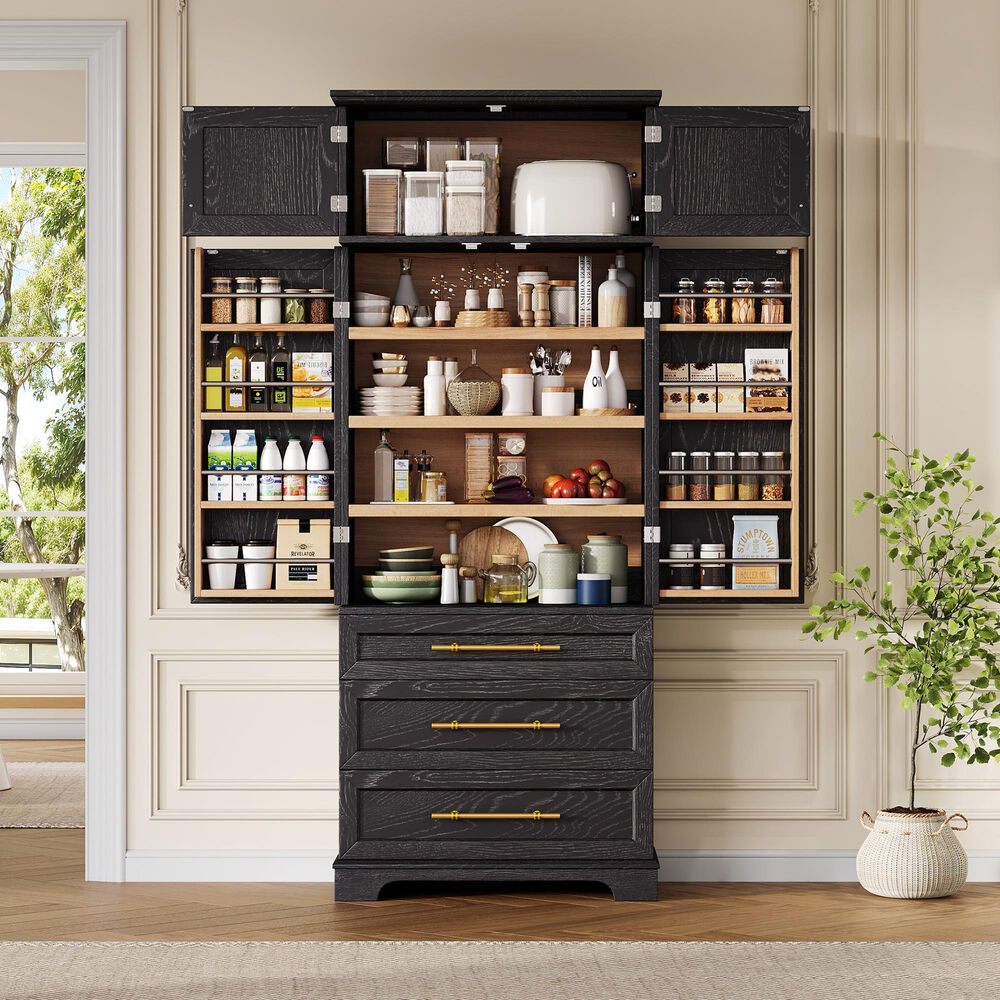 HOMLUX 78.2" Tall Farmhouse Kitchen Pantry Cabinet with 8 Door Shelves, Storage Cabinet with 3 Adjustable Shelves, 3 Large Drawers, Versatile Cupboard for Kitchen, Dining &amp; Bathroom, Ash Black, , large