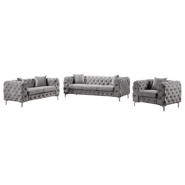 Morden Fort 3-Piece Stationary Living Room Set with Deep Button Tufted in Silver Grey Velvet, , large