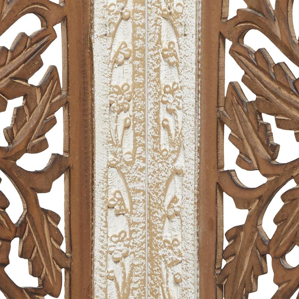 Maple and Jade 4-Panel Partition Room Divider Screen with Carved Designs in Brown and White, , large