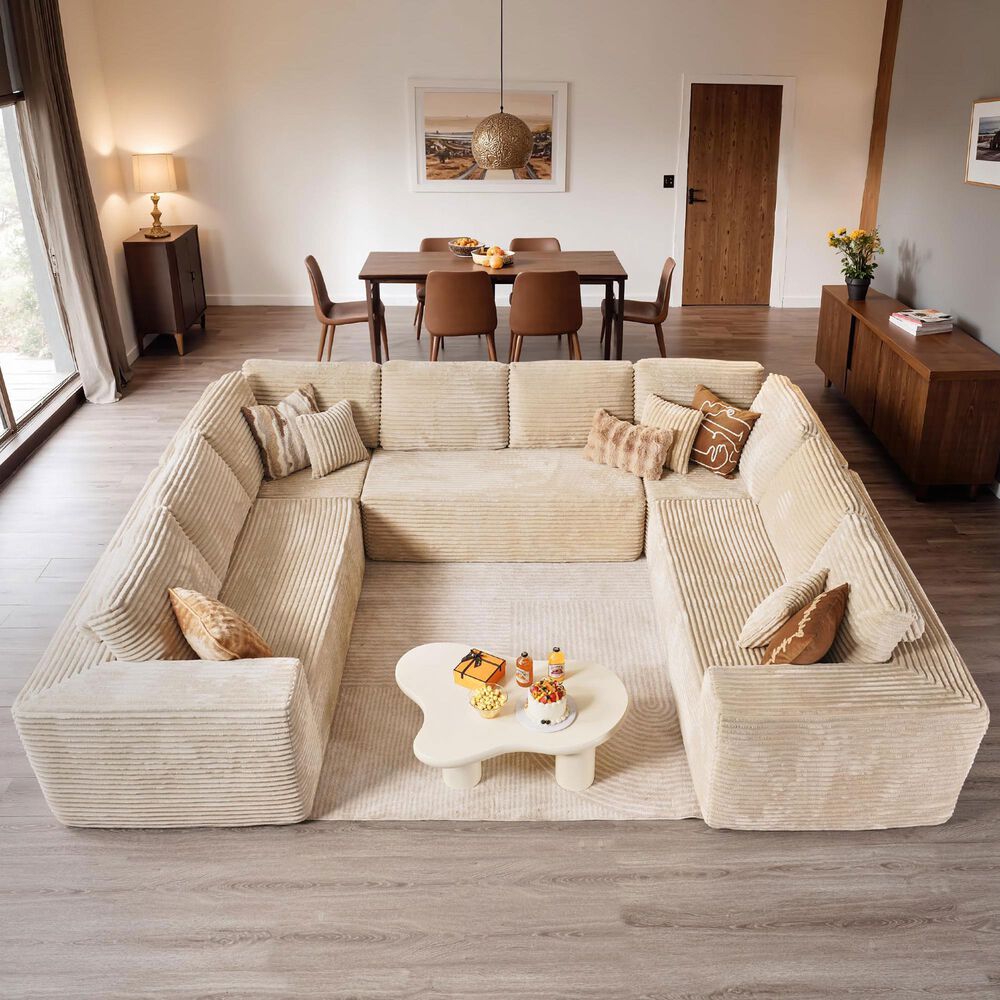 HOMLUX Modular Floor Sofa with Plush Corduroy, U-Shaped Sectional Couch with Chaise in Beige, , large