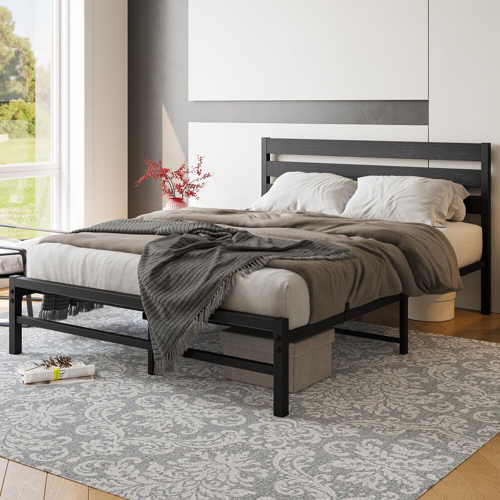 Hearth and Haven Queen Platform Bed Frame with Wood Headboard in Black, , large