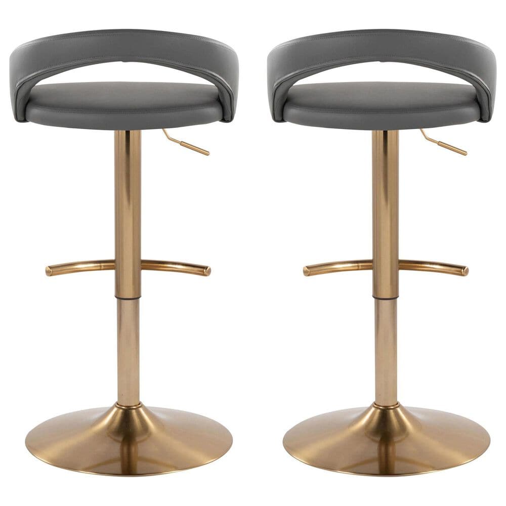 LumiSource Grotto Adjustable Bar Stool with Grey Faux Leather Upholstery in Gold (Set of 2), , large