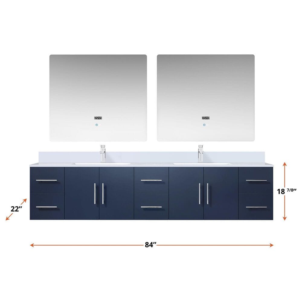 Lexora Home Geneva 84&quot; Double Bathroom Vanity in Navy Blue with 2 cm White Cultured Marble Top and Rectangular Sinks, , large