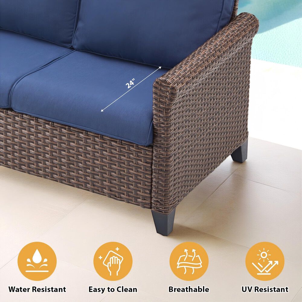 Sunwell Garden 32"H 3-Seater Outdoor Sofa with Wide Armrests and Navy Cushion in Brown, , large