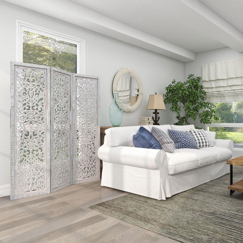 Maple and Jade 3-Panel Folding Screen in White, , large