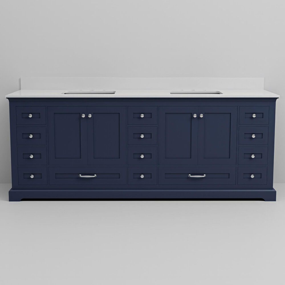 Lexora Home Dukes 84" Double Bathroom Vanity in Navy Blue with 2 cm White Cultured Marble Top and Rectangular Sinks, , large