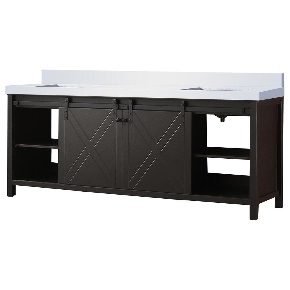 Lexora Home Marsyas 84&quot; Double Bathroom Vanity in Brown with 2 cm White Cultured Marble Top and Rectangular Sinks, , large
