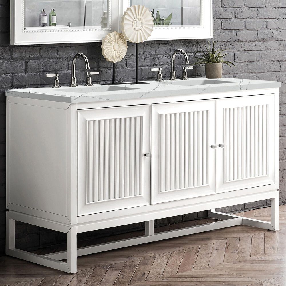 James Martin Vanities Athens 60&quot; Double Bathroom Vanity in Glossy White with 3 cm Ethereal Noctis Quartz Top and Rectangular Sinks, , large