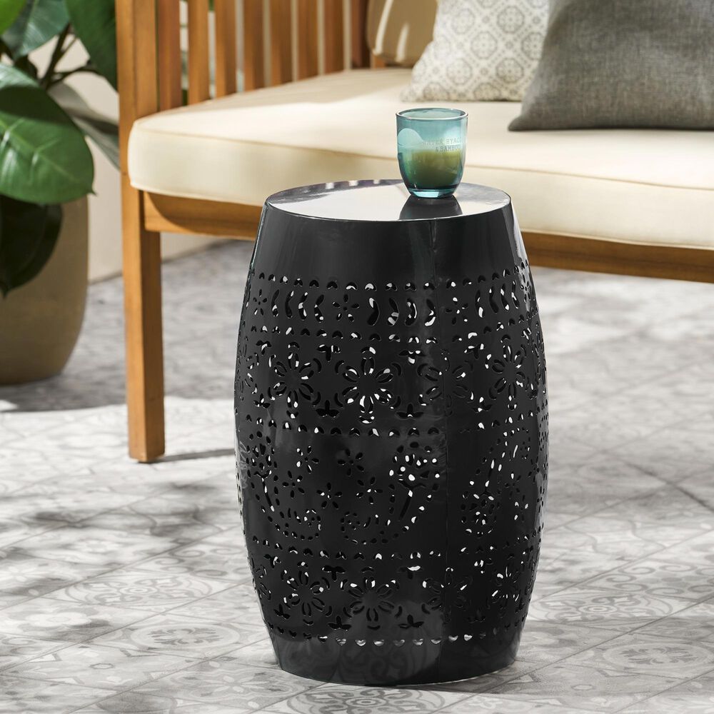 Hearth and Haven Ruby Outdoor Barrel End Table with Lace-Cut Design in Black, , large