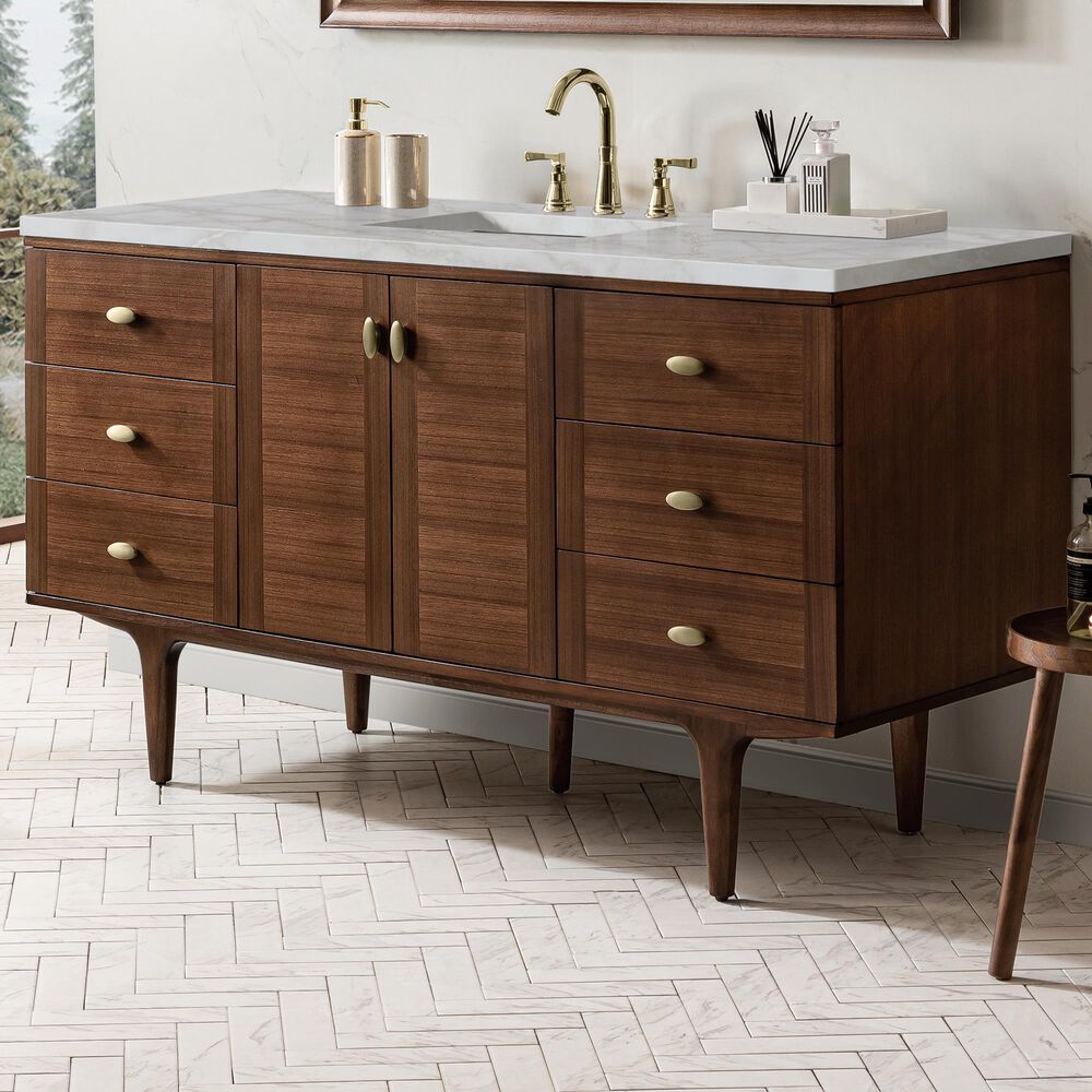 James Martin Vanities Amberly 60" Single Bathroom Vanity in Mid-Century Walnut with 3 cm Eternal Jasmine Pearl Silestone Top, Rectangular Sink and FreePower Wireless Charger, , large