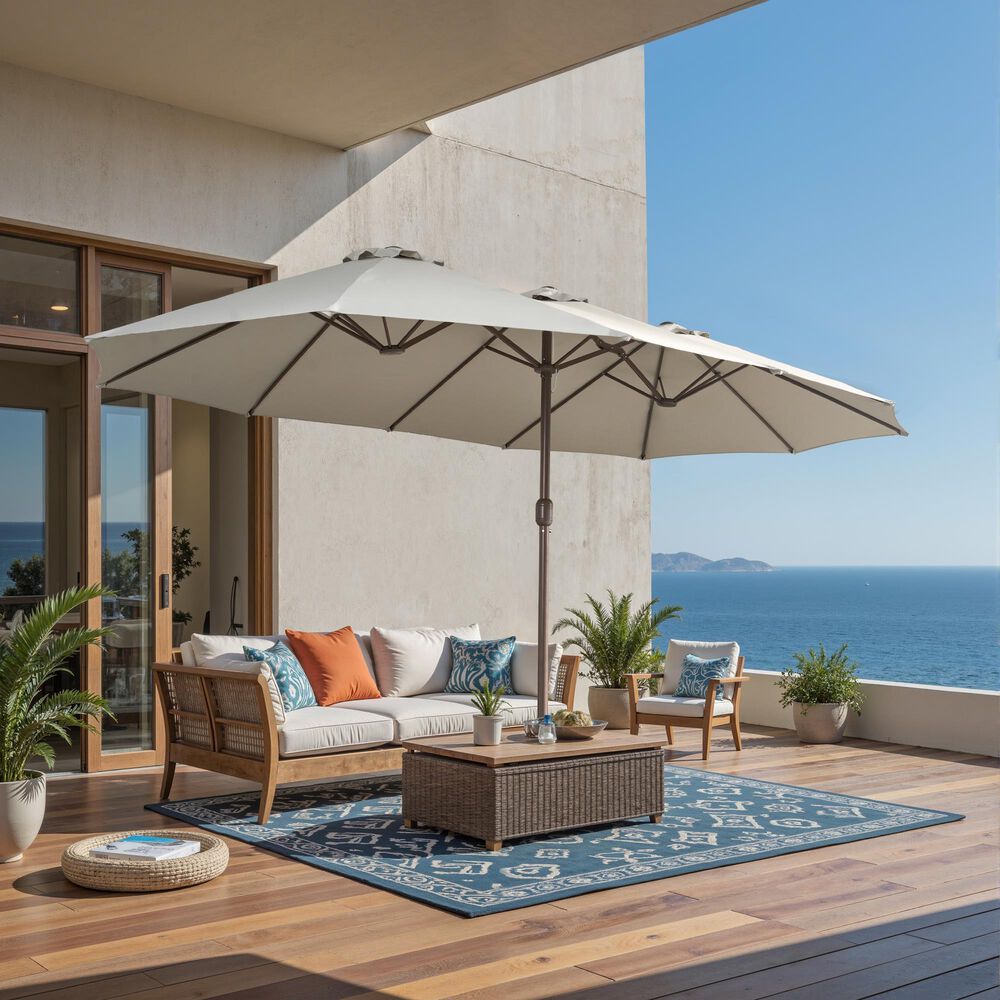 HOMLUX 15' Double-Sided Outdoor Market Umbrella with Sandbag Base in Light Gray, , large