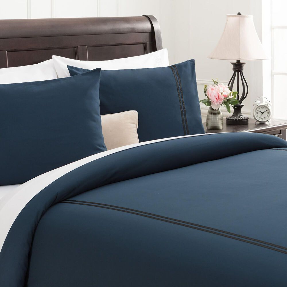 Bordered Ribbon 3-Piece King Duvet Cover Set in Navy, , large