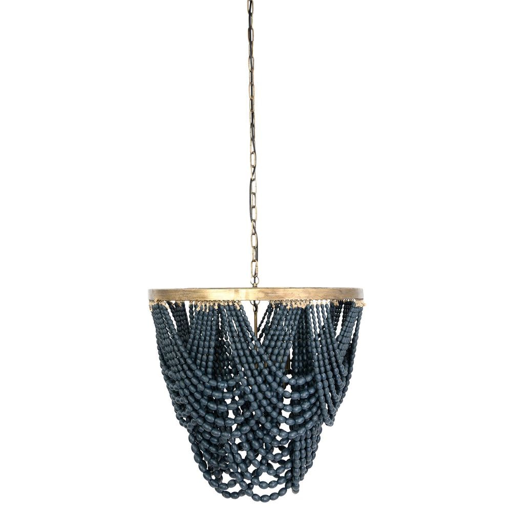 Creative Coop Laurel Draped Wood Bead Chandelier with Brushed Gold and Blue Shade, , large