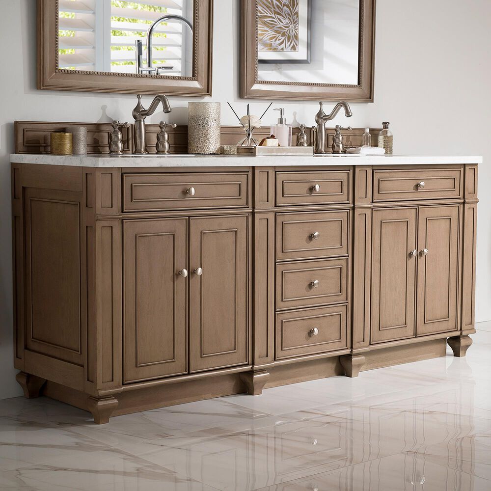 James Martin Vanities Bristol 72" Double Bathroom Vanity in Whitewashed Walnut with 3 cm Arctic Fall Solid Surface Top and Rectangle Sinks, , large