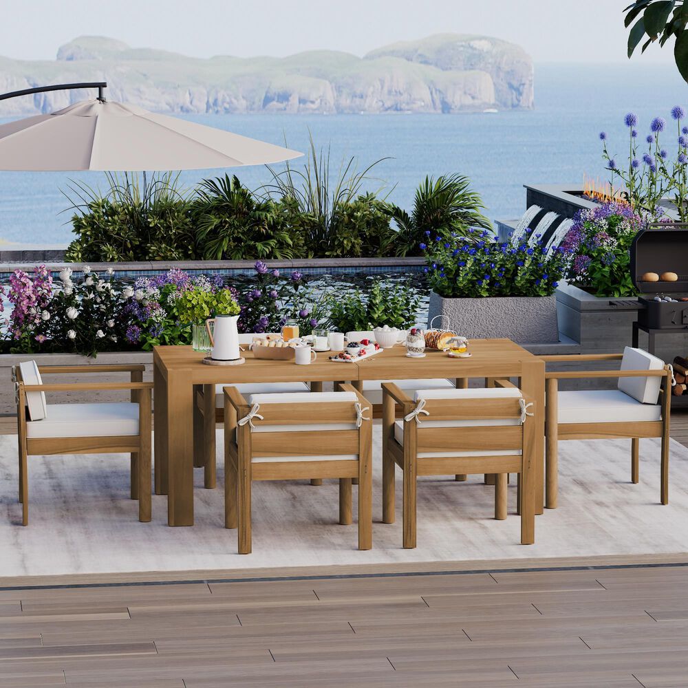 Hearth and Haven 7-Piece Outdoor Dining Set with Beige Cushions in Light Teak, , large